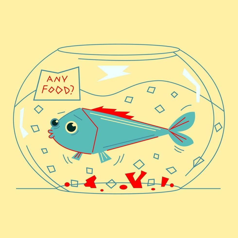 Aquarium mit Fisch vergessen Über Essen.lustig Vektor Illustration im Karikatur Stil. perfekt zum Kinder- Design, Haustier speichern.