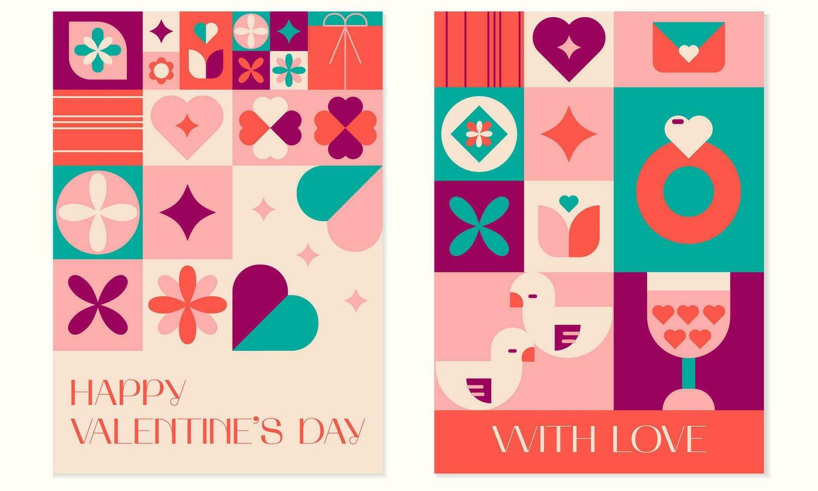 glücklich Valentinsgrüße Tag geometrisch abstrakt Gruß Karte, Poster einstellen und Sozial Medien. Mosaik Hintergrund mit Herzen, Vögel, Pflanzen und einfach Formen im ein modisch Stil vektor