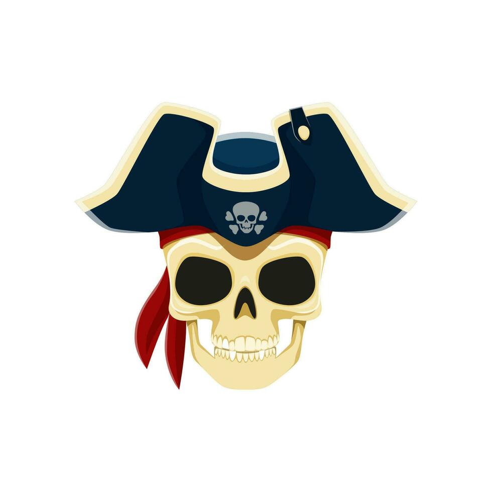 pirat kapten skalle i spänd hatt, tecknad serie rover vektor