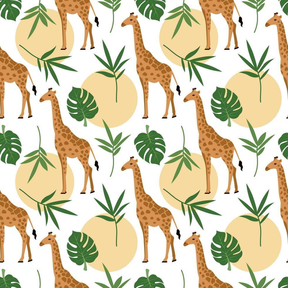 sömlös giraff mönster. monstera och handflatan löv, Sol, giraff. savann vild liv för din design. vektor