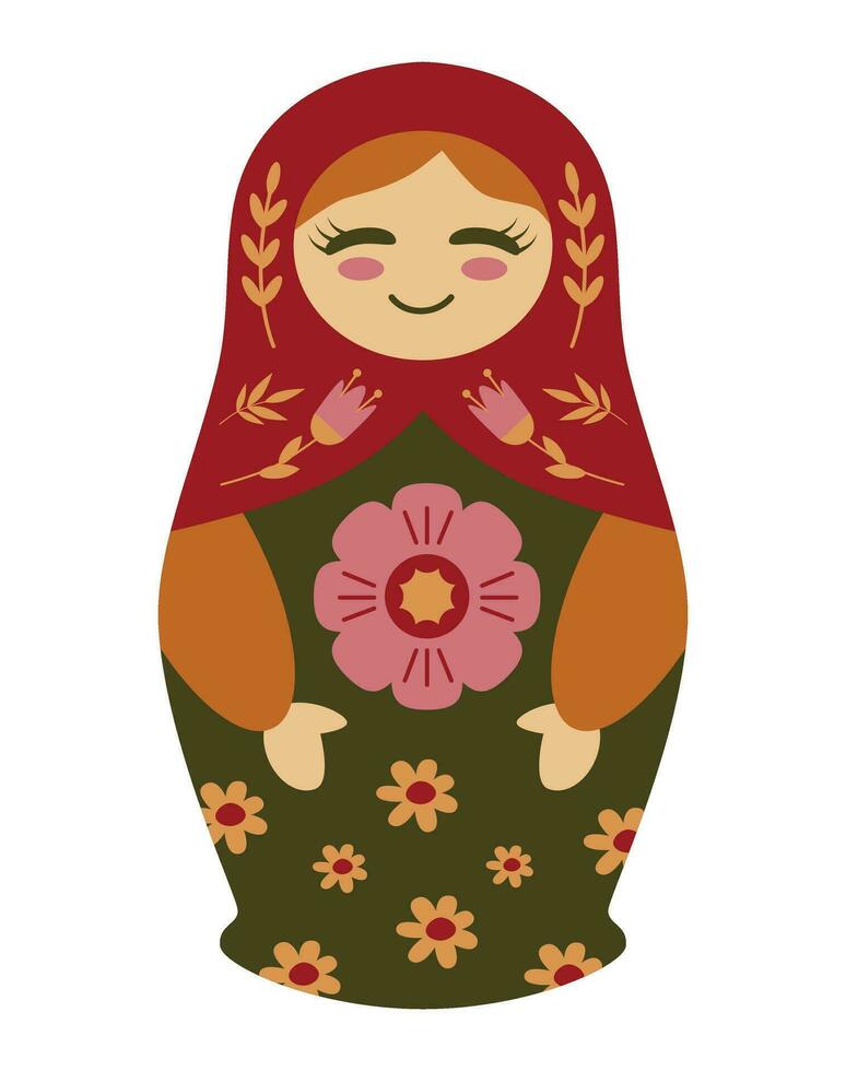 ryska docka, matryoshka. söt karaktär dekorerad med blommor och löv. isolerat design element. vektor
