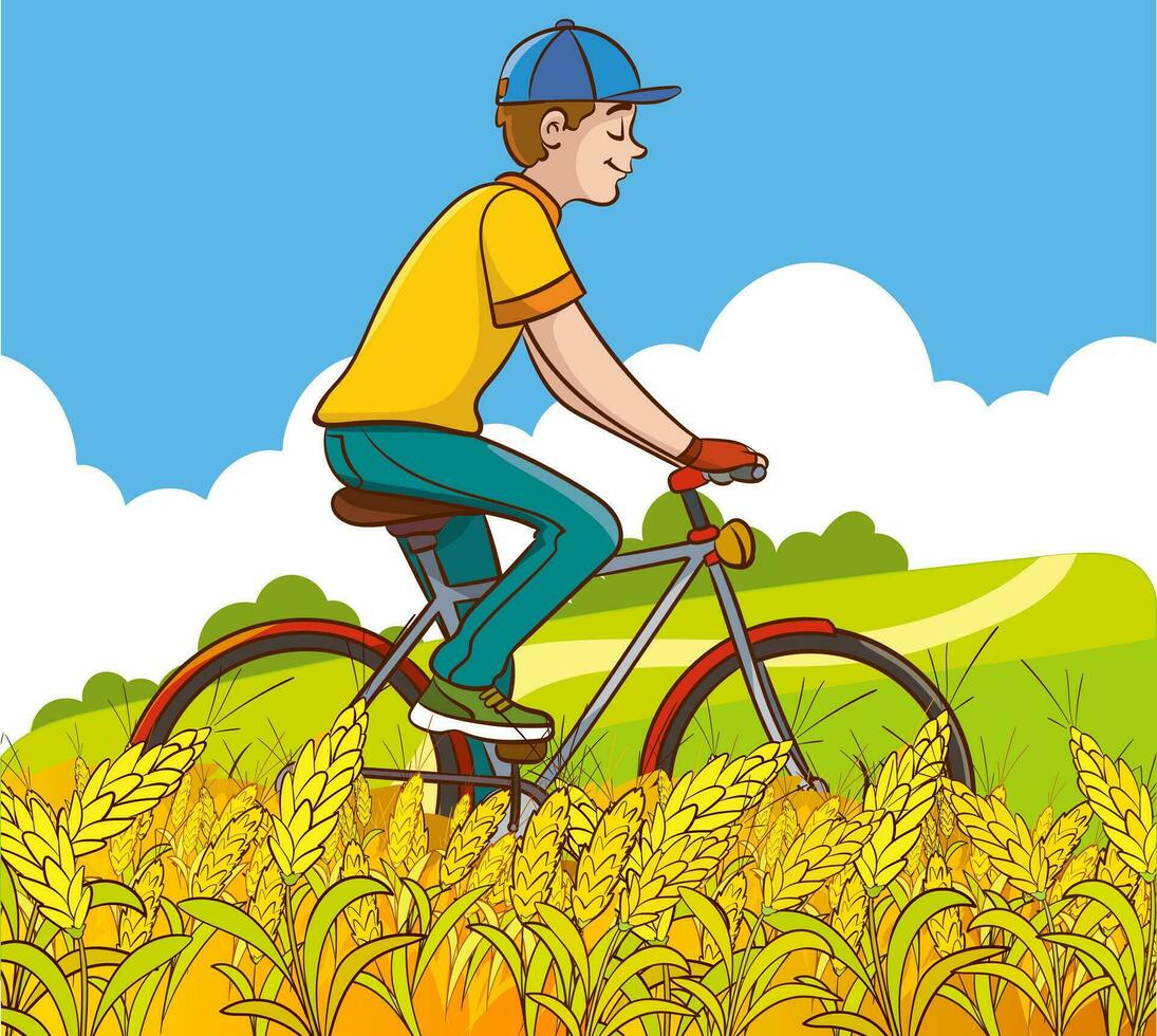 Mann Reiten ein Fahrrad im Natur. Vektor Illustration im Karikatur Stil.