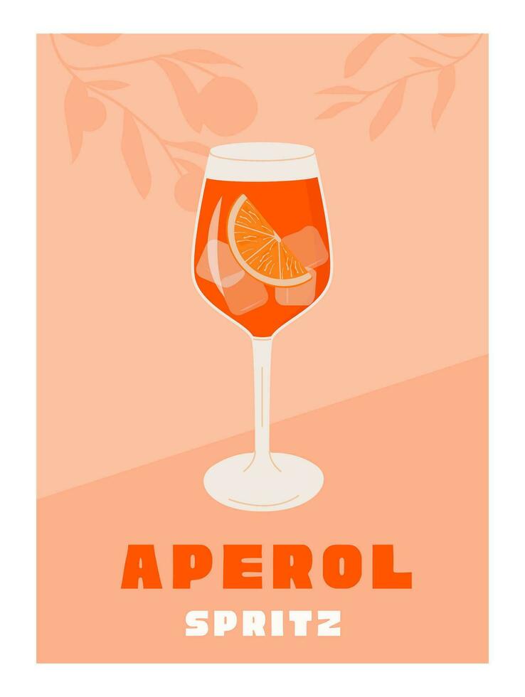 campari spritz cocktail i glas med is och skiva av orange. sommar italiensk aperitif retro affisch. vägg konst med alkoholhaltig dryck dekorerad med orange kilar och citrus- träd på bakgrund. vektor