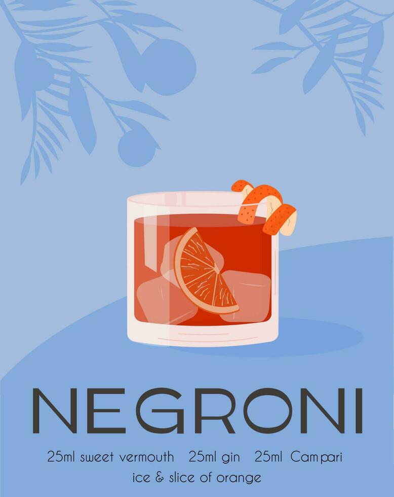 zeitgenössisch Poster von Negroni Cocktail mit Orange Scheibe und Zitrusfrüchte schälen. klassisch Italienisch alkoholisch Getränk Rezept. trinken im alt gestaltet Glas mit Eis. modisch retro Plakat. Vektor Illustration.