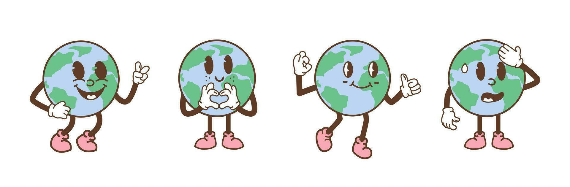 einstellen von Erde Zeichen im modisch retro Karikatur Stil. komisch Comic Globus mit anders Gesicht Ausdruck. Jahrgang Planet Maskottchen mit Waffen und Beine. Vektor Illustration isoliert auf Weiß Hintergrund.