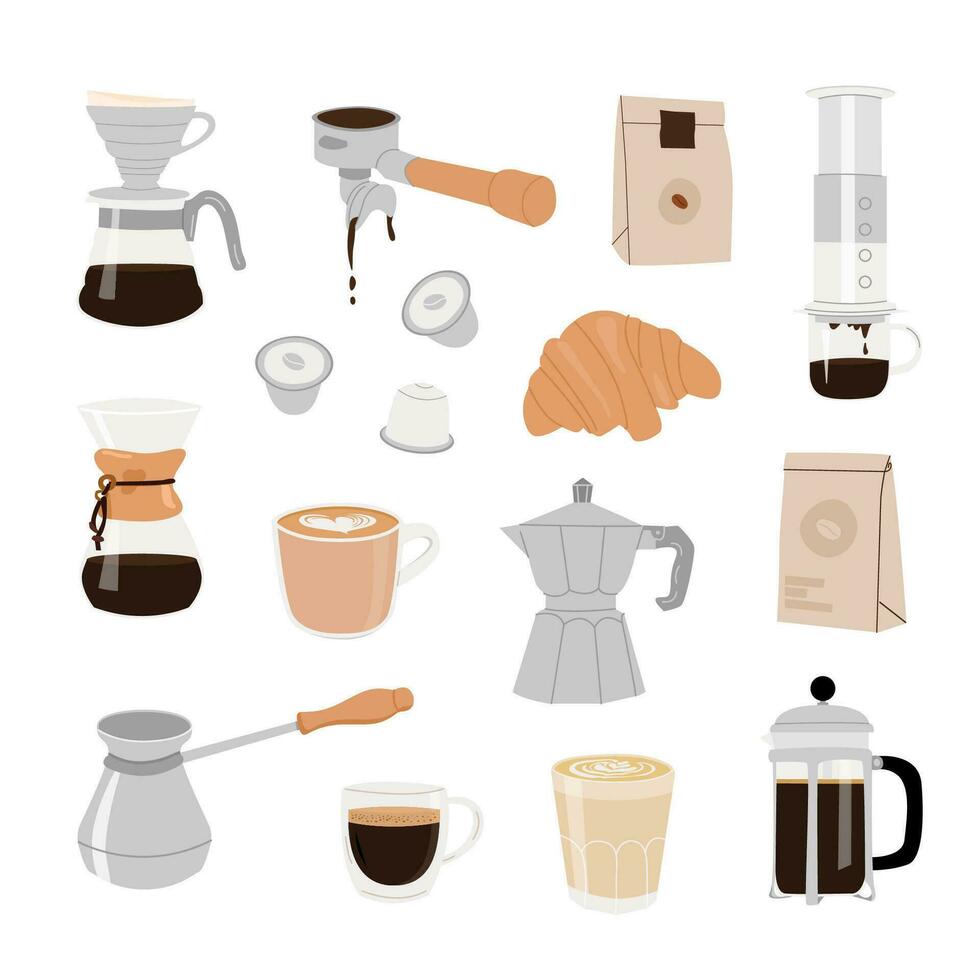 samling av kaffe Utrustning för manuell brygga metoder isolerat vektor cliparts. hand dragen illustrationer för kaffe affär. annorlunda typ av kaffe koppar, Häll i över, franska Tryck, aeropress, sifon.