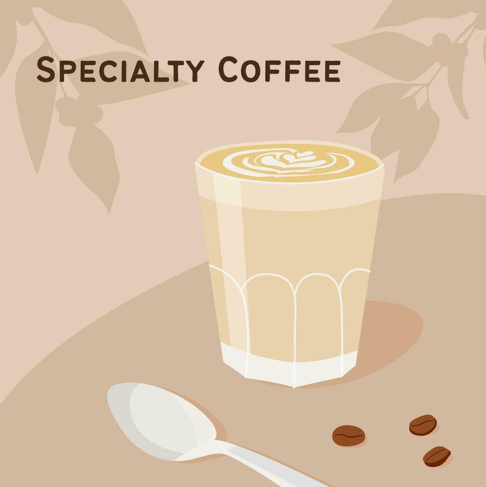 samtida fyrkant kort mall med latte glas, kaffe bönor och sked på tabell i Kafé. kaffe affär scen med mjölk kaffe. trendig minimalistisk affisch. vektor platt stil illustration.