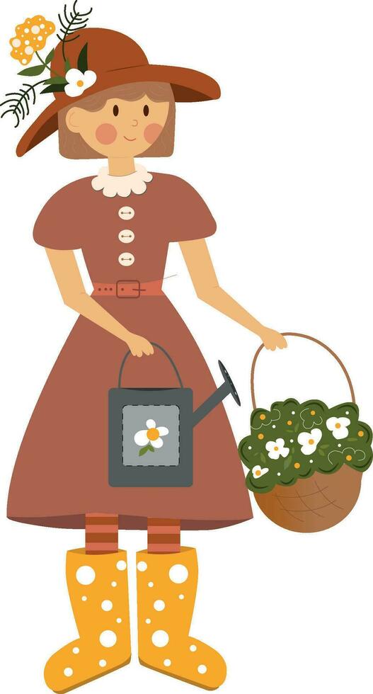 Gartenarbeit Frau im retro Kleid mit Korb von Blumen vektor