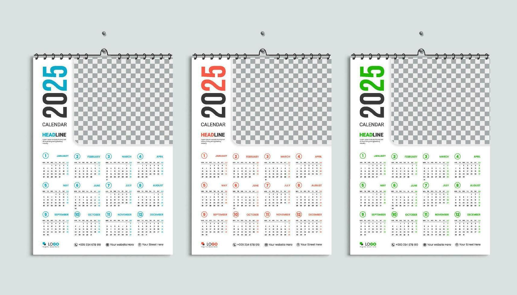 vägg kalender 2025 design mall, vecka börjar måndag, rena, elegant mall schema planerare, abstrakt blå, orange, grön lutning Färg lyx begrepp, lämplig för Hem skola, högskola kontor vektor