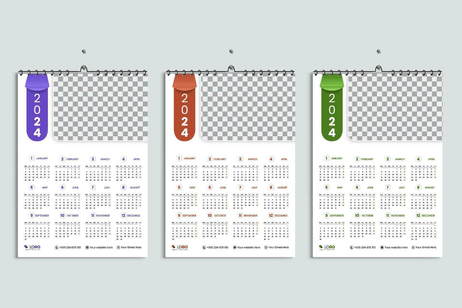 2024 vägg kalender design mall, vecka börjar måndag, rena, elegant mall schema planerare, abstrakt lila, orange, grön lutning Färg lyx begrepp, lämplig för Hem skola, högskola kontor vektor