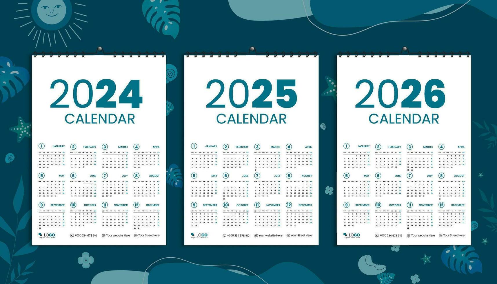 Mauer Kalender 2024, 2025, und 2026 Design Vorlage bündeln, Wochen beginnend Montag. sauber, elegant Weiß Hintergrund Vorlage und Luxus Konzept, geeignet zum Zuhause Schule Hochschule und Büro vektor