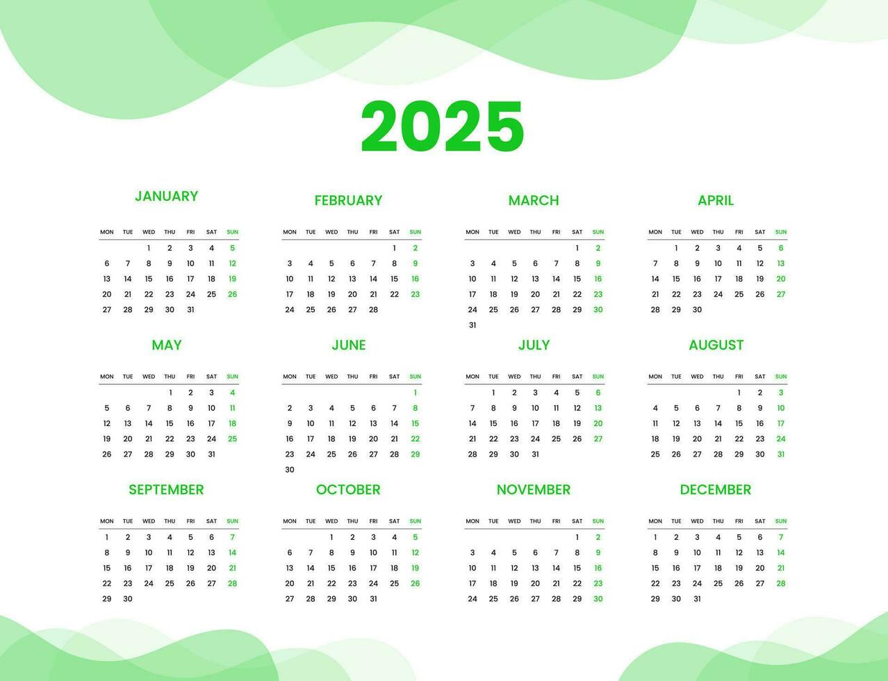 Mauer Kalender 2025 Design Vorlage, Woche beginnend von Montag. sauber, elegant Vorlage Zeitplan Planer, abstrakt Gradient Farbe Luxus Konzept, perfekt verwenden im Zuhause Schule Hochschule und Büro vektor