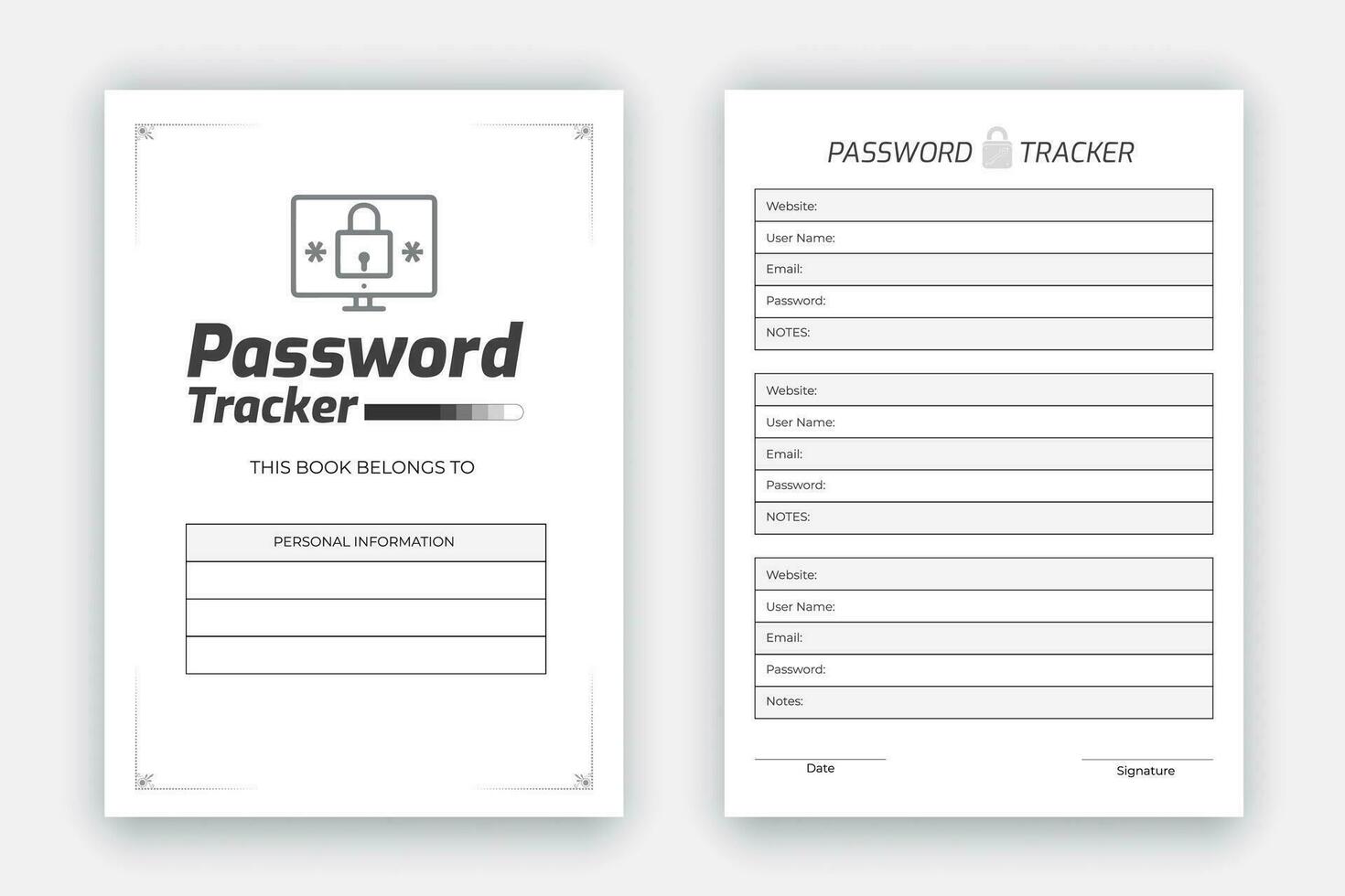 Passwort Tracker Log Buch Layout, kdp Innere Vorlage zu Geschäft Ihre persönlich Information, schwarz und Weiß Papier Erinnerung Tagebuch Innere vektor