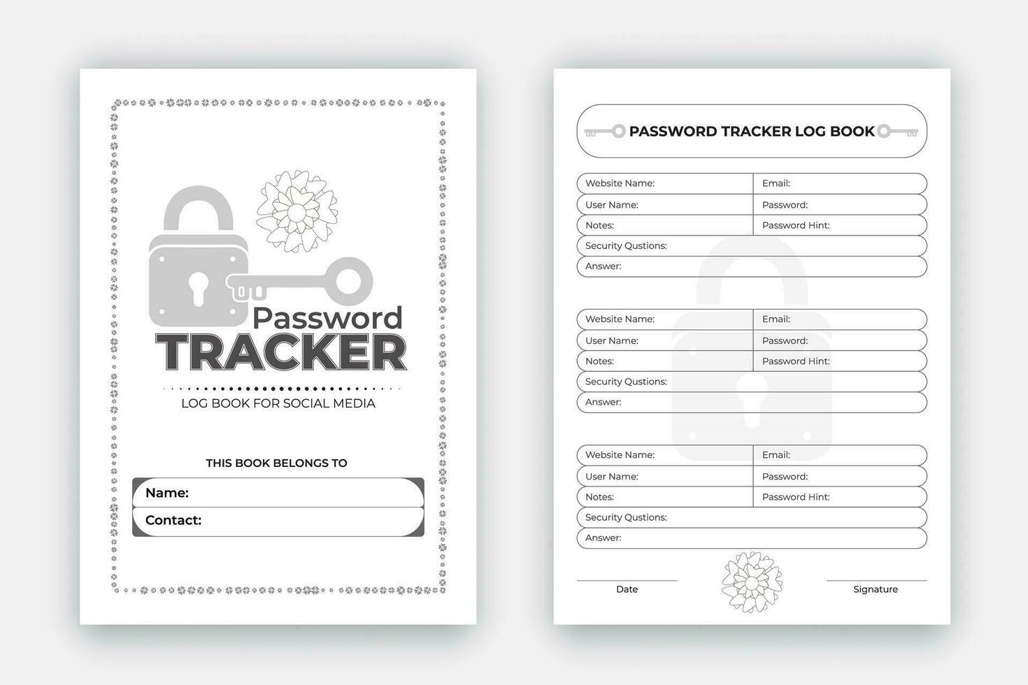 Lösenord tracker logga bok design mall, personlig och hemsida data formatera anteckningsbok, påminnelse tidning interiör med svart vit papper vektor