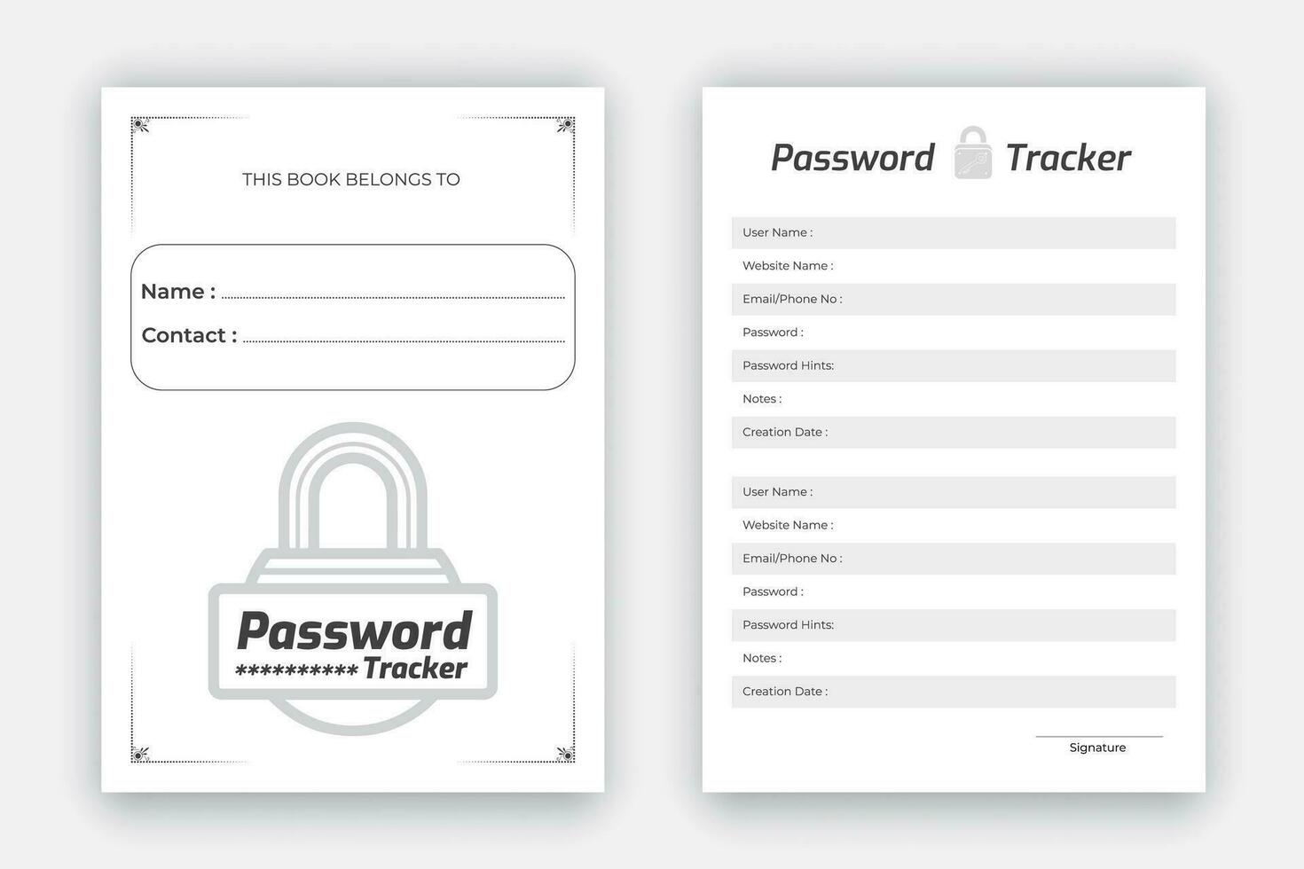 Passwort Tracker Log Buch Layout, kdp Innere Vorlage zu Geschäft Ihre persönlich Information, schwarz und Weiß Papier Erinnerung Tagebuch Innere vektor