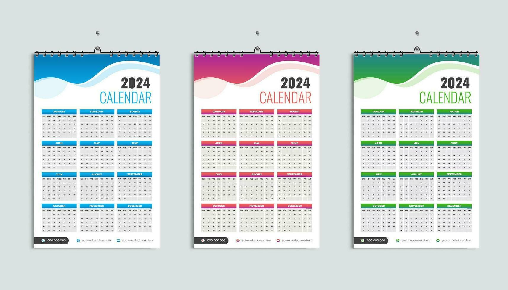 korporativ und kreativ 2024 Mauer Kalender, bunt 2024 Kalender, einfach und minimal Design, Woche beginnt Montag, Schule, Bank, Unternehmen Büro verwenden, abstrakt Gradient Farbe gestalten drucken, Schreibwaren, Anzeige vektor