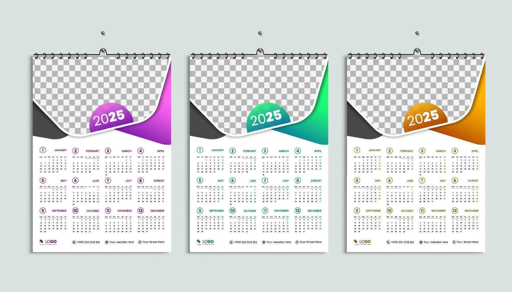2025 Jahr Kalender, Woche beginnt von Montag, einfach und minimal Kalender Vektor Layout Satz, Englisch jährlich Schreibwaren Veranstalter Mauer Kalender Vorlage 12 Monate, lila, orange, Grün Farben bündeln
