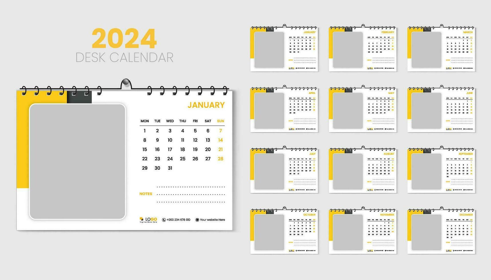 resa skrivbord kalender 2024 planerare och företags- design mall uppsättning, årlig kalender 2024 för 12 månader, vecka börjar måndag, abstrakt gul lutning Färg form med vektor layout, utskrift och kort