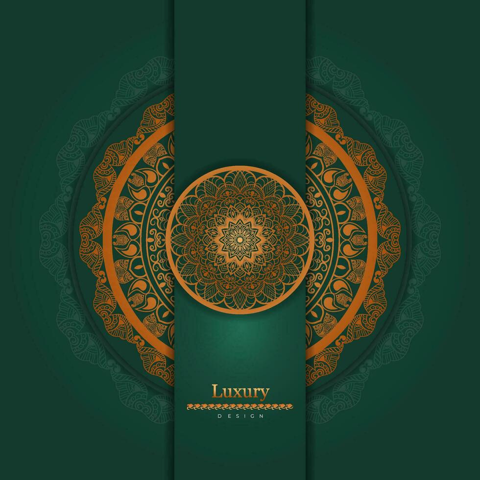 Luxus Mandala Design Vorlage im Gold mit Grün Farbe Hintergrund, Färbung Buch Muster im Mandala Stil zum mehndi, Tätowierung, mehndi, dekorativ Ornamente im ethnisch orientalisch Stil vektor