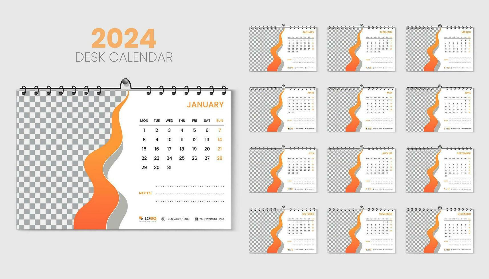 Schreibtisch Kalender 2024 Planer und korporativ Design Vorlage Satz, jährlich Kalender 2024 zum 12 Monate, Woche beginnt Montag, abstrakt Orange Gradient Farbe gestalten mit Vektor Layout