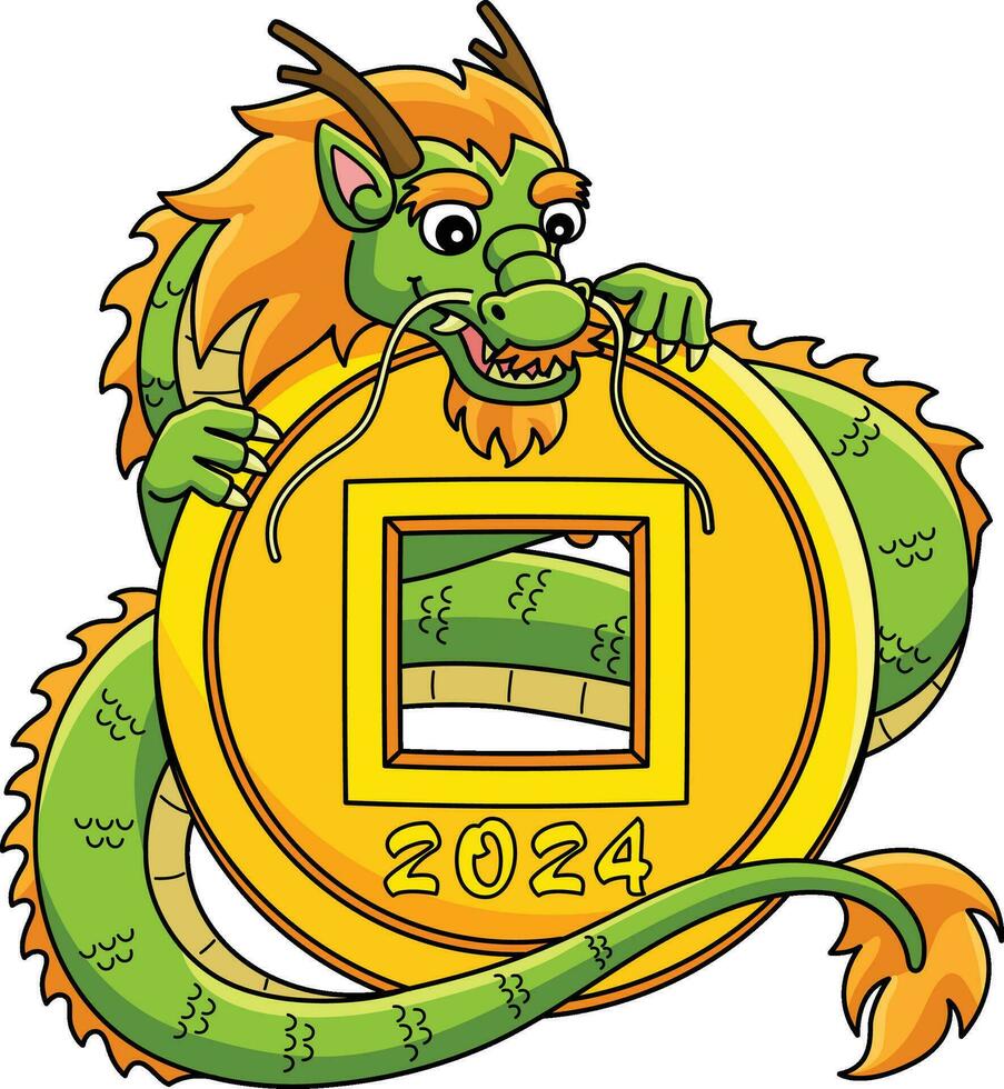 Jahr von das Drachen mit 2024 Münze Karikatur Clip Art vektor