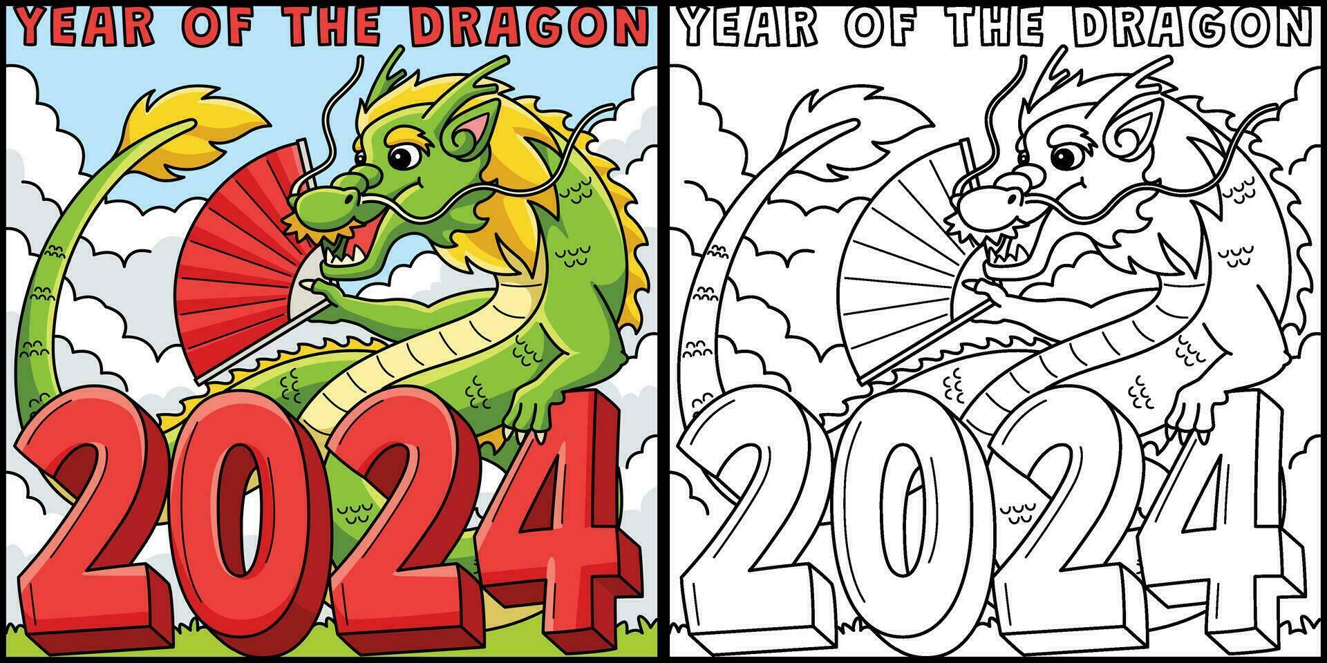 år av de drake 2024 färg sida illustration vektor