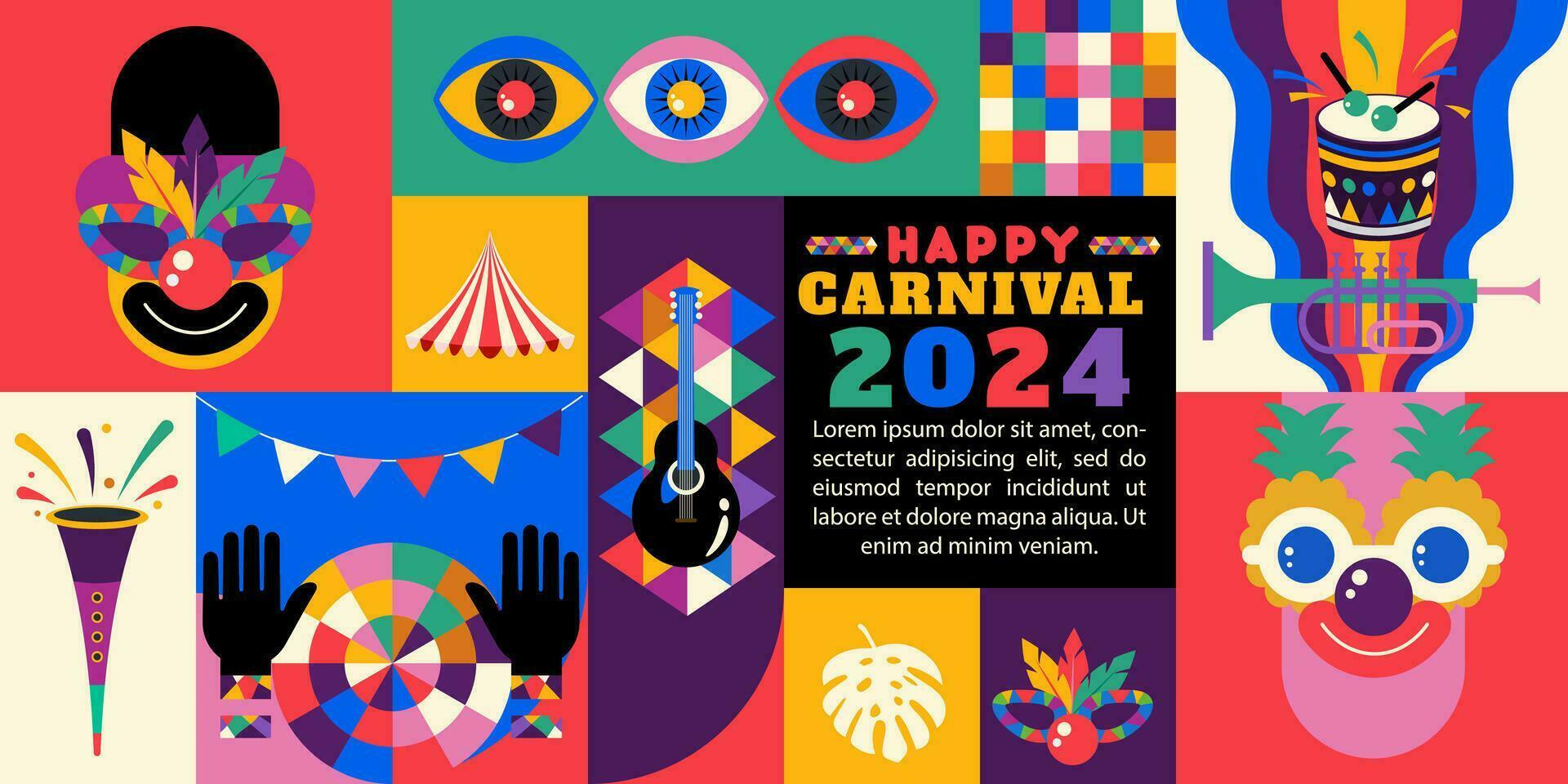 glücklich Karneval 2024 mit retro geometrisch Element Hintergrund vektor