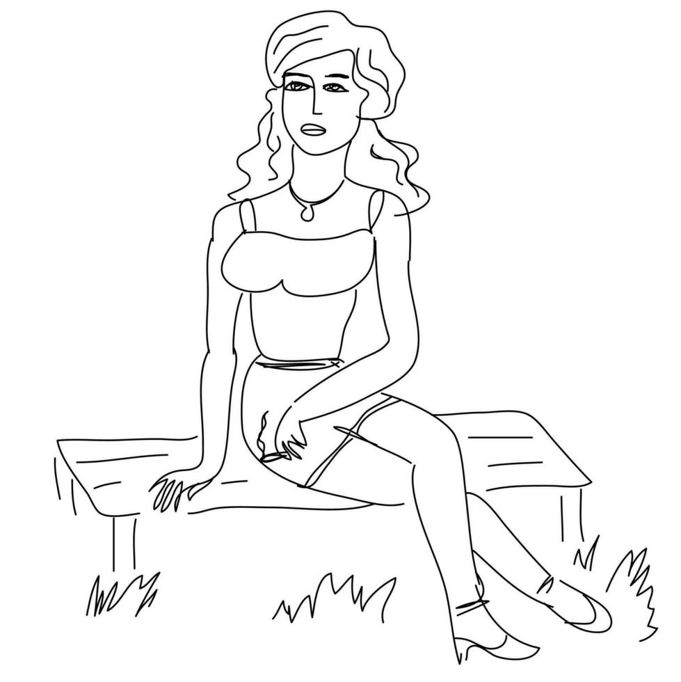 vektor skiss av en kvinna Sammanträde på en bänk dragen förbi hand i penna på en vit bakgrund
