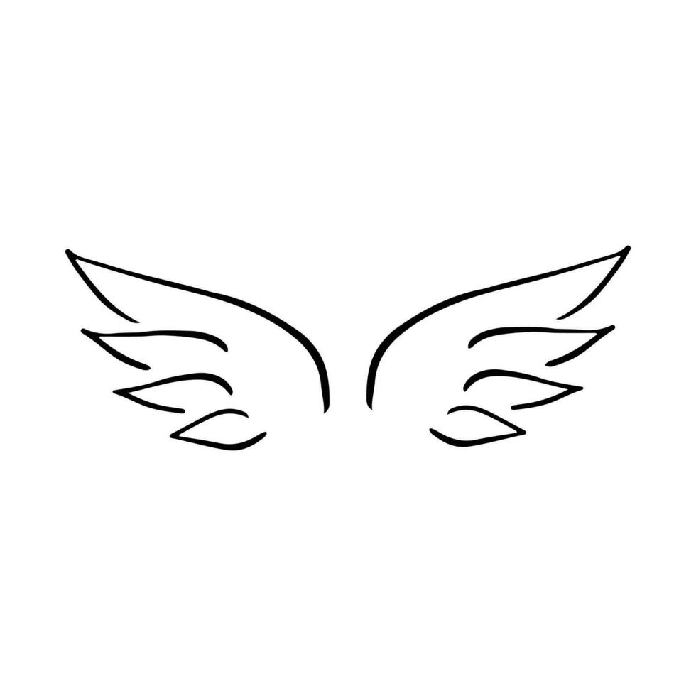 klotter vingar. tecknad serie fågel fjäder vingar, religiös ängel vingar bläck skiss, svart tatuering silhuett. vektor hand dragen blad vinge skiss uppsättning för heraldisk symbol emblem på vit bakgrund
