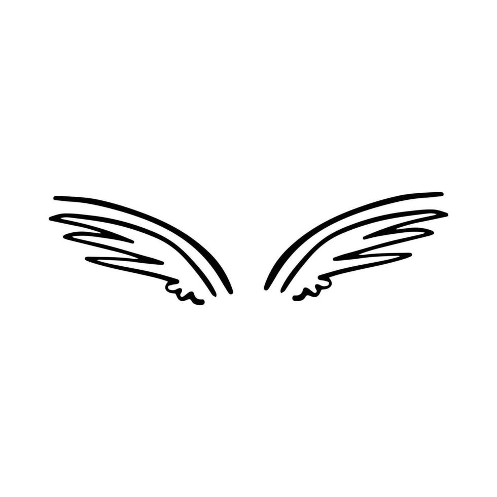 Gekritzel Flügel. Karikatur Vogel Feder Flügel, religiös Engel Flügel Tinte skizzieren, schwarz tätowieren Silhouette. Vektor Hand gezeichnet Klinge Flügel skizzieren einstellen zum heraldisch Symbol Emblem auf Weiß Hintergrund