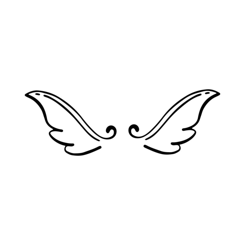 Gekritzel Flügel. Karikatur Vogel Feder Flügel, religiös Engel Flügel Tinte skizzieren, schwarz tätowieren Silhouette. Vektor Hand gezeichnet Klinge Flügel skizzieren einstellen zum heraldisch Symbol Emblem auf Weiß Hintergrund