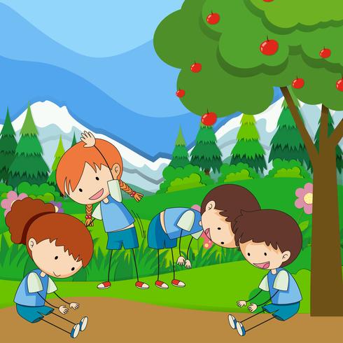 Fyra barn tränar i parken vektor
