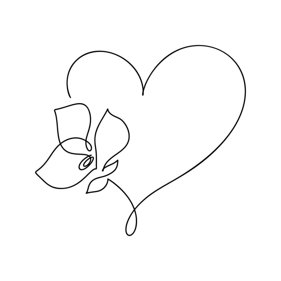 hand dragen kärlek hjärta med blomma monoline vektor logotyp ett konst linje illustration. svart översikt. element för valentine dag baner, vår affisch, hälsning kort