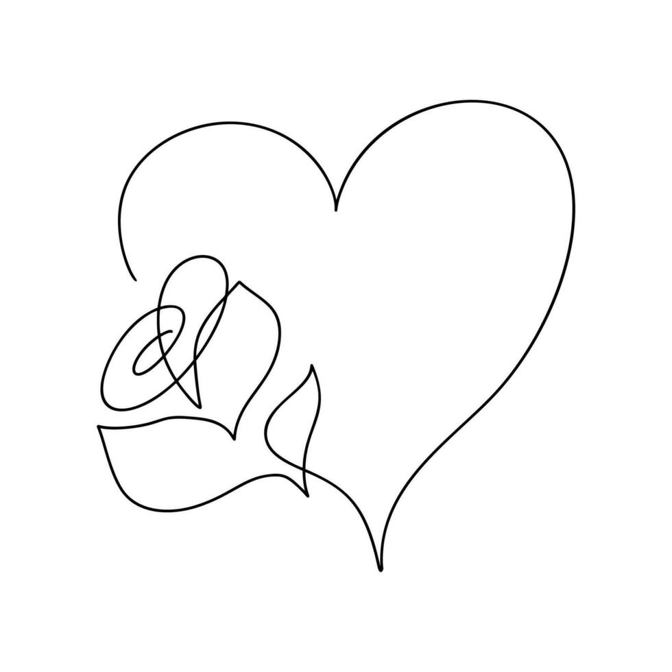 hand dragen kärlek hjärta med blomma monoline vektor logotyp ett konst linje illustration. svart översikt. element för valentine dag baner, vår affisch, hälsning kort