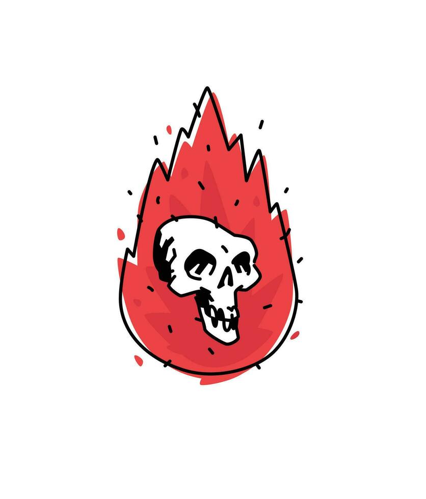 illustration av en brinnande vit skalle. vektor ikon. bild är isolerat på vit bakgrund. brinnande skalle, komisk stil. en tatuering, en logotyp för en cyklist klubb. maskot. emblem, symbol.