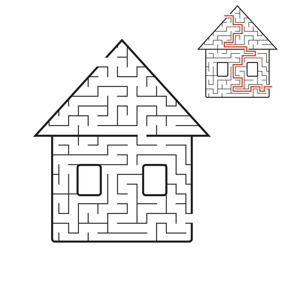 labyrint är ett trevligt hus. spel för barn. pussel för barn. tecknad stil. labyrint gåta. svartvitt vektor illustration. med svar. utvecklingen av logiskt och rumsligt tänkande.