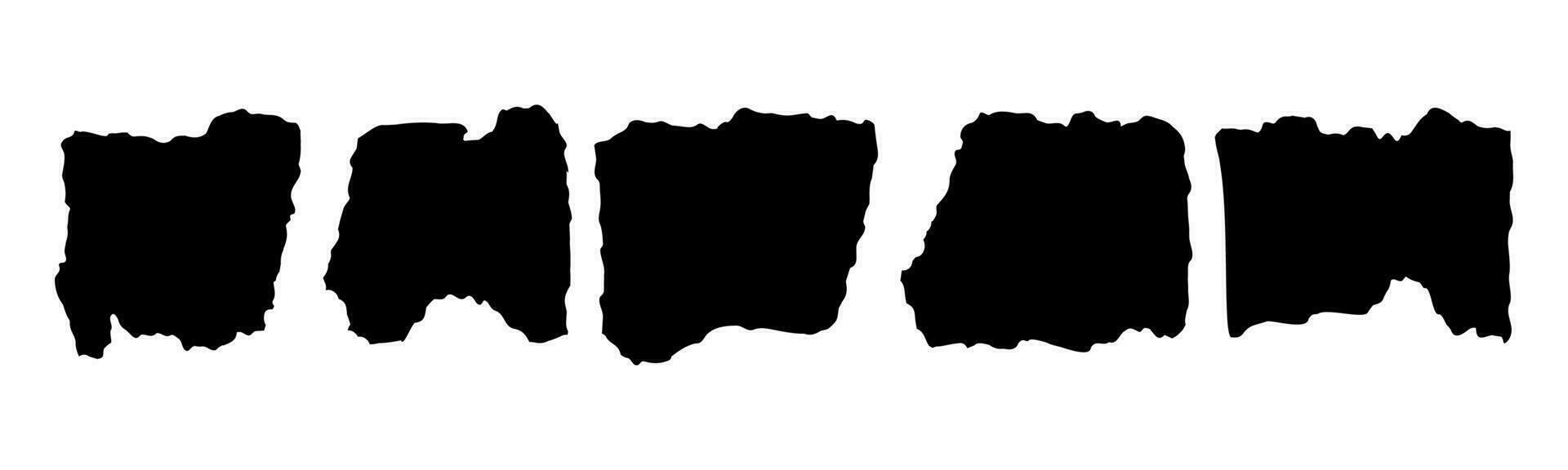 Sammlung von zerrissen Papier Stücke. schwarz Platz Frames mit irregulär Kanten.set von Silhouetten von zerrissen rechteckig Formen. Stück von Grunge Collage Aufkleber. vektor