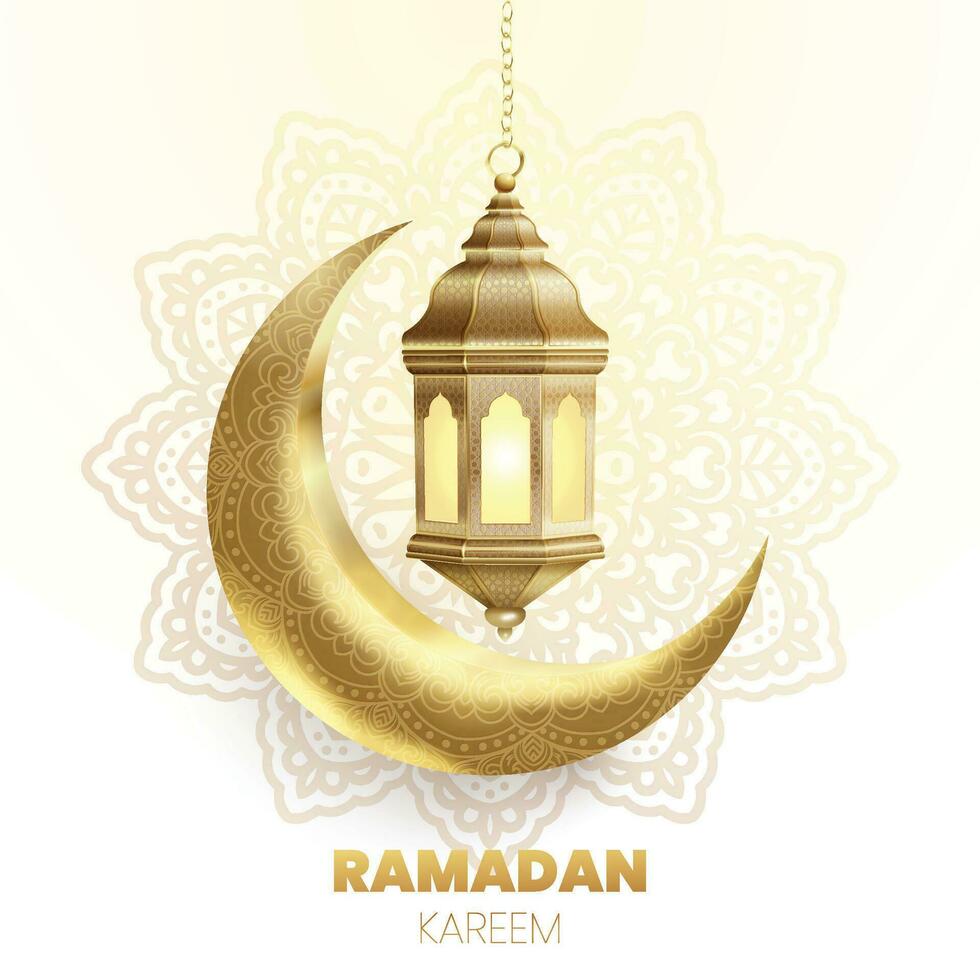 ramadan kareem hälsning kort med guld lykta och halvmåne måne vektor