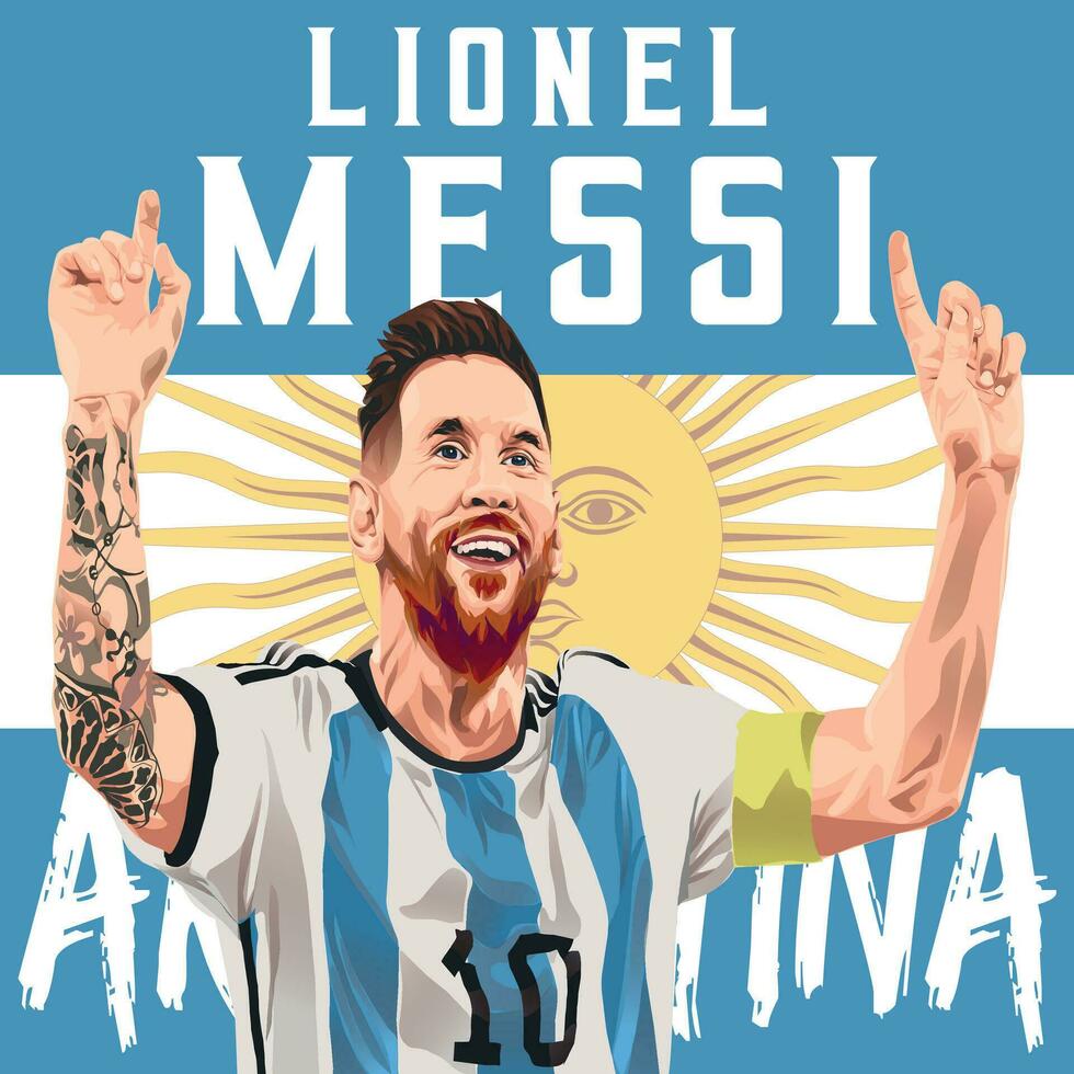 illustration av lionel messi leende i blå vit fotboll jersey medan höjning både händer vektor