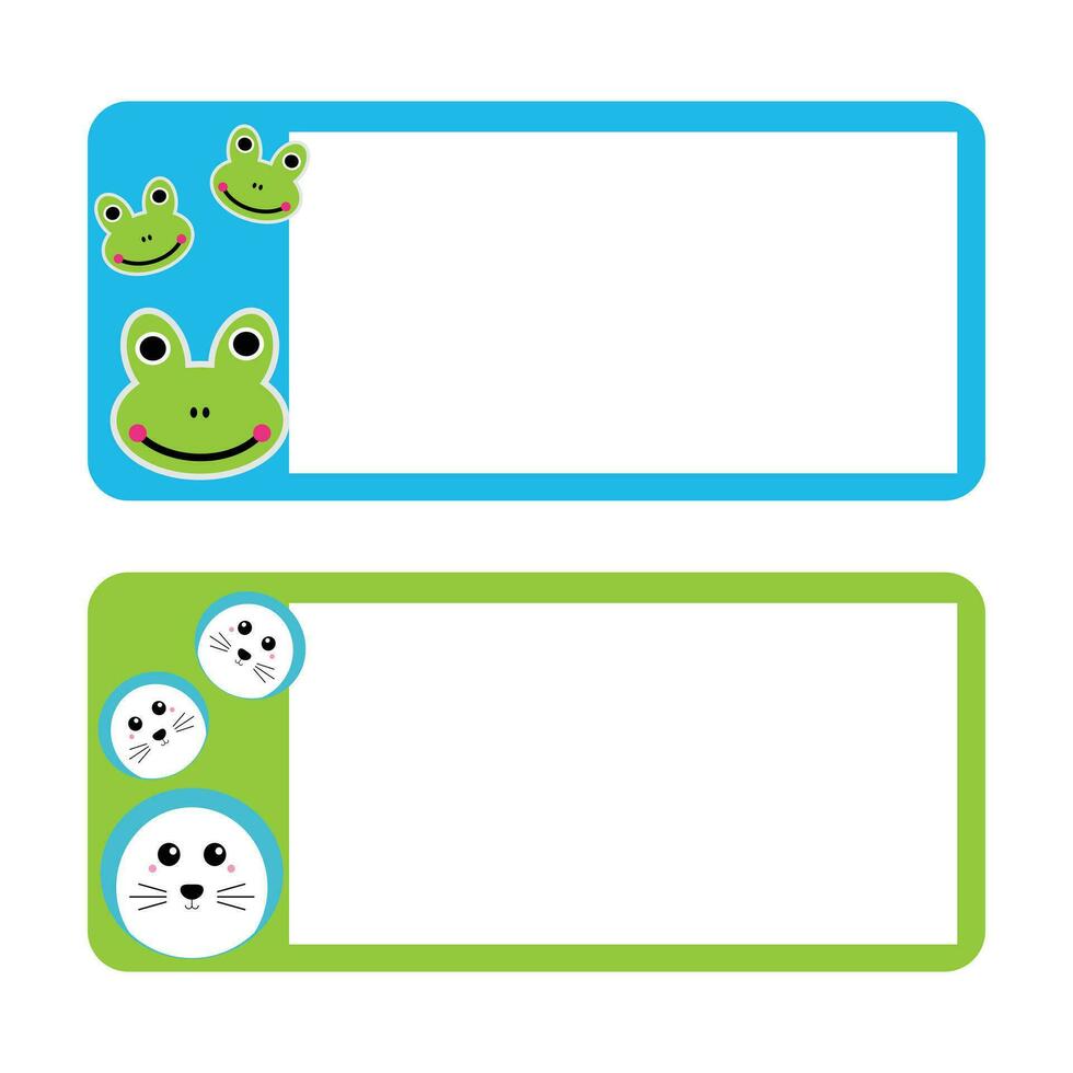 zwei Frames zum Ihre Text und ein komisch Frosch. Vektor Illustration. Aufkleber Etiketten zu identifizieren ein Buch oder unser Besitz. süß Aufkleber Design zum Kinder Das können Sein gedruckt