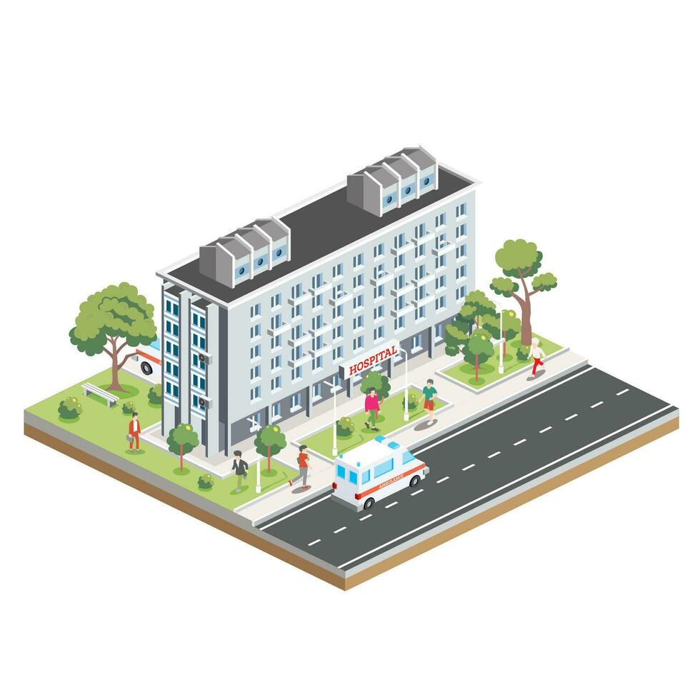 isometrisk byggnad av sjukhus. ikon eller infographic element. stad klinik. arkitektonisk symbol isolerat på vit bakgrund. grön träd med människor. ambulans på väg. vektor