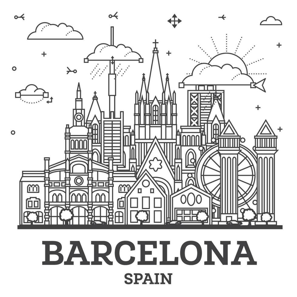 Gliederung Barcelona Spanien Stadt Horizont mit modern und historisch Gebäude isoliert auf Weiß. Barcelona Stadtbild mit Sehenswürdigkeiten. vektor