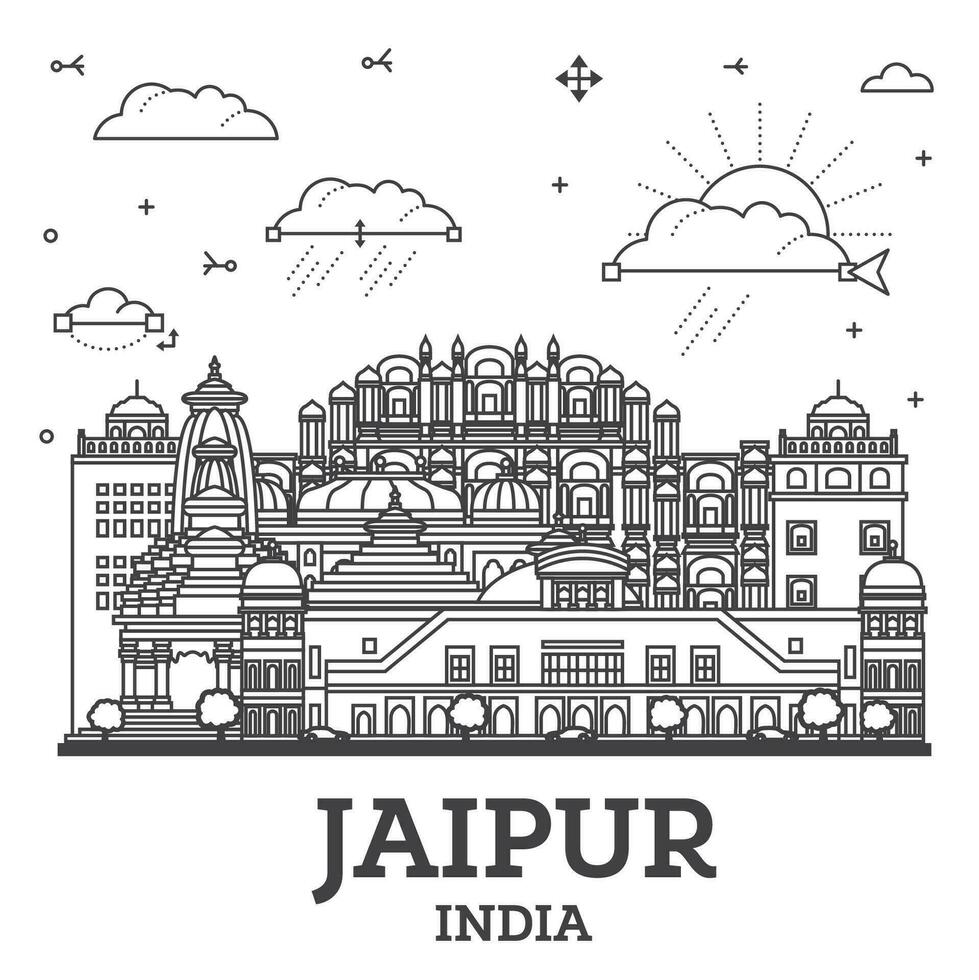 Gliederung Jaipur Indien Stadt Horizont mit historisch Gebäude isoliert auf Weiß. Jaipur Stadtbild mit Sehenswürdigkeiten. vektor