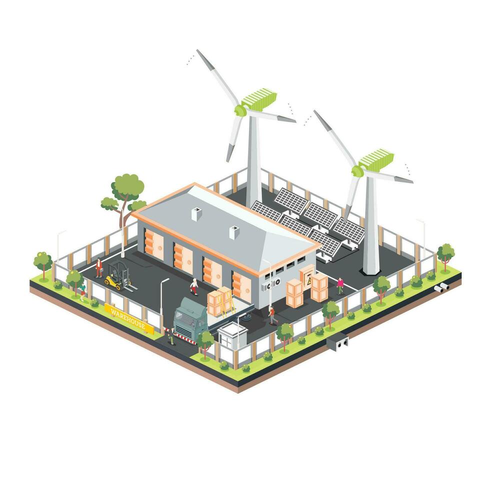 isometrisk distribution logistisk Centrum med sol- paneler och vind turbiner. lager lagring anläggningar med lastbilar isolerat på vit bakgrund. läser in urladdning terminal. vektor