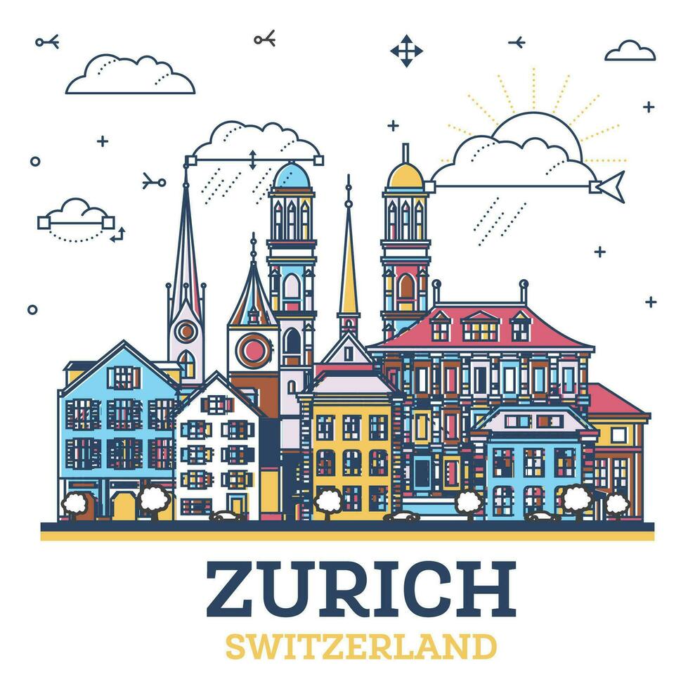 översikt zurich schweiz stad horisont med färgad modern och historisk byggnader isolerat på vit. zurich stadsbild med landmärken. vektor