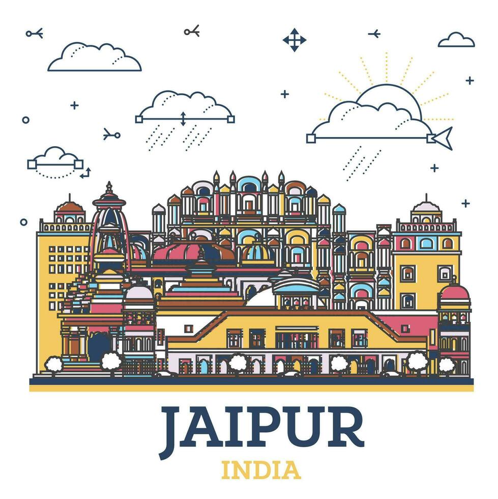 översikt jaipur Indien stad horisont med färgad historisk byggnader isolerat på vit. jaipur stadsbild med landmärken. vektor
