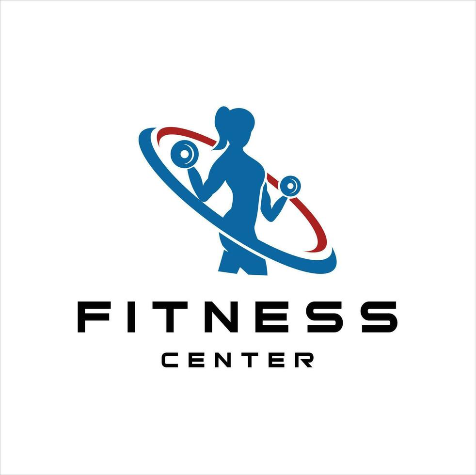 Fitness Verein oder Center Emblem mit Ausbildung Frau hält Hanteln. Vektor Illustration.