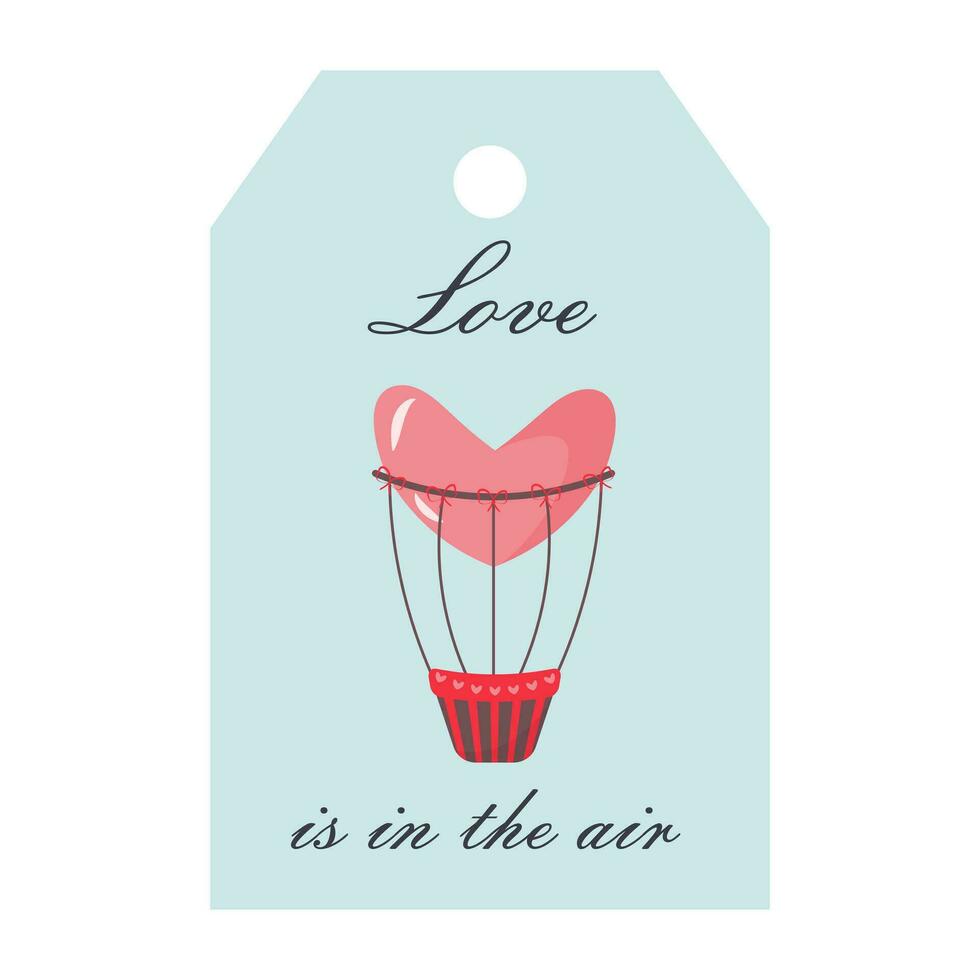valentines dag märka med hjärta luft ballong. kärlek är i de luft text. Semester gåva märka mall. vektor
