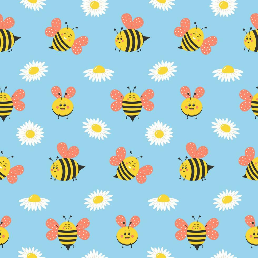 söt bi tecken och daisy sömlös mönster. rolig tecknad serie honungsbin med rosa vingar och chamomiles på pastell blå bakgrund. idealisk för utskrift på tyg och papper. vektor