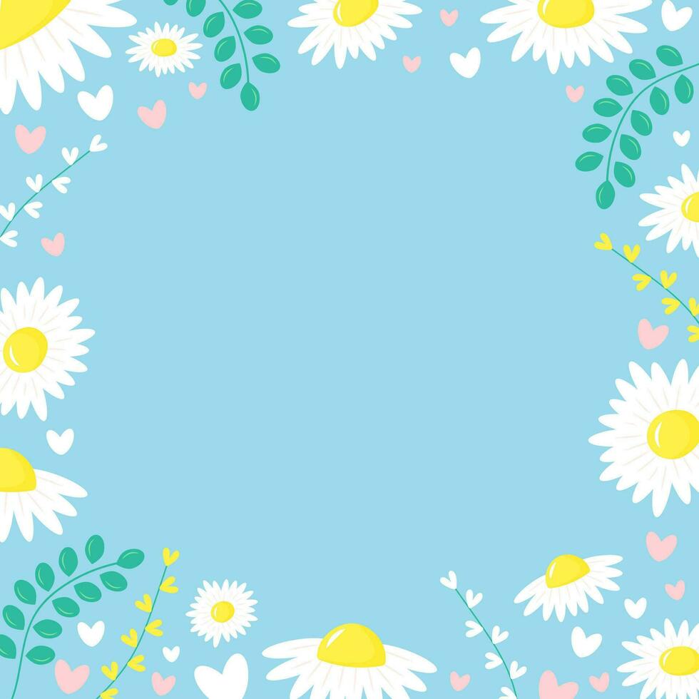 Pastell- Blau Hintergrund mit Gänseblümchen, Zweige und Herzen. elegant Blumen- Karte mit Kopieren Raum. eben legen. vektor